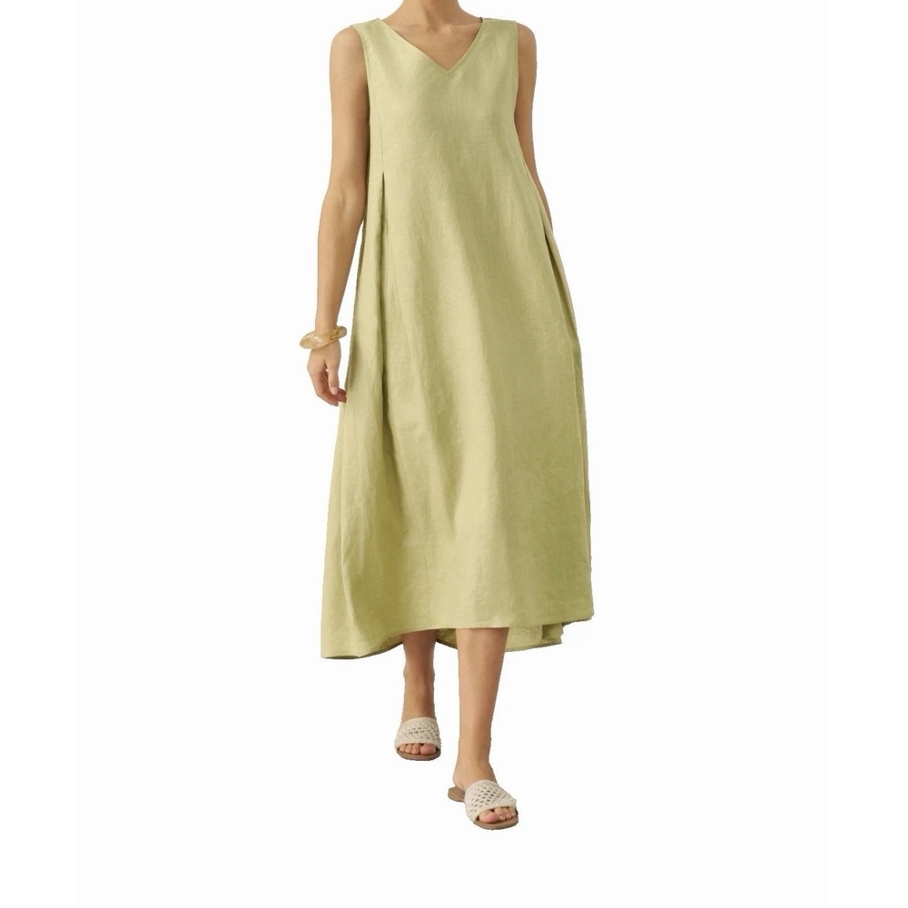 Lintico Tara Green 100% Linen Sleeveless A Line Midi Dress Medium Lagenlook